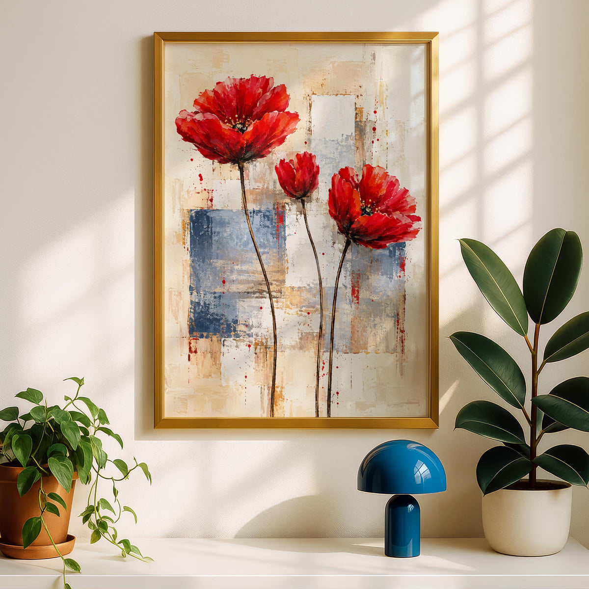 Abstract Red Poppies Art Print, Botanical Floral Poster, Modern Wall Decor