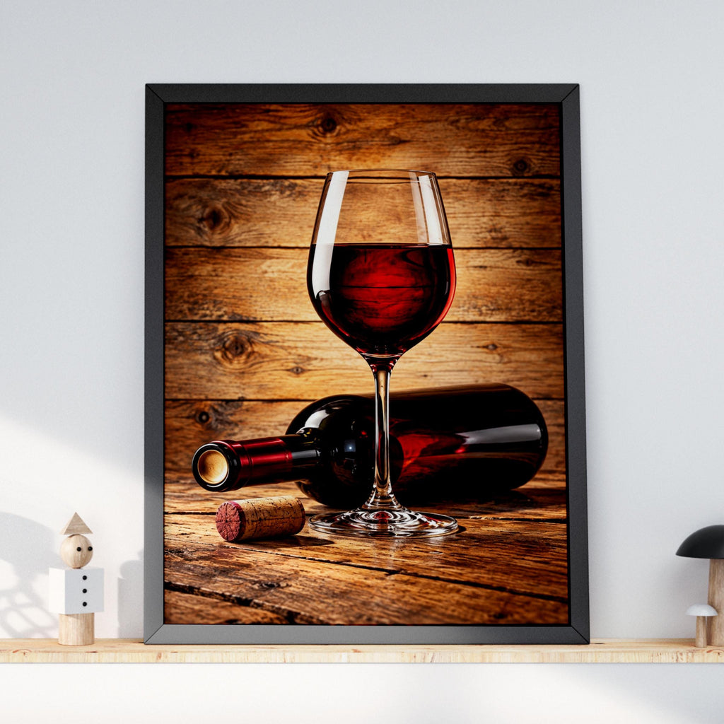 Rustic Red Wine Glass Bottle Cork Poster, Warm Wood Background, Kitchen Bar Wall Art