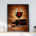 Rustic Red Wine Glass Bottle Cork Poster, Warm Wood Background, Kitchen Bar Wall Art