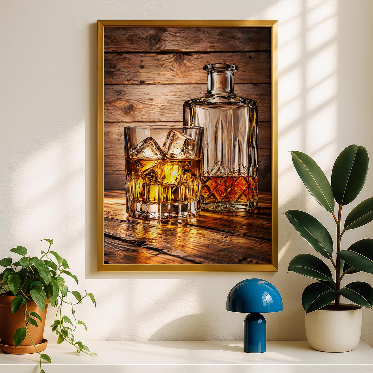 Rustic Whiskey Decanter Print, Bourbon Bar Cart Art, Man Cave Decor (Ready to Frame)