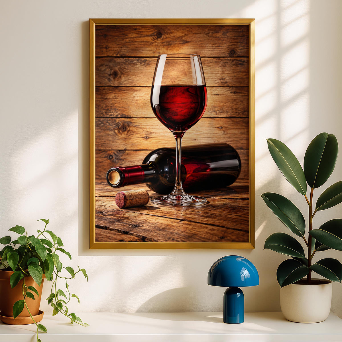 Rustic Red Wine Glass Bottle Cork Poster, Warm Wood Background, Kitchen Bar Wall Art