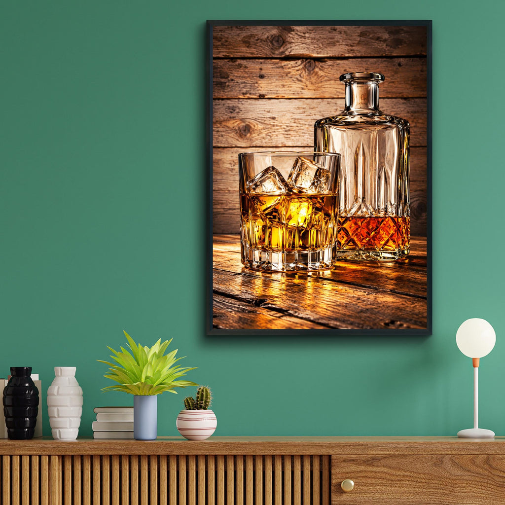 Rustic Whiskey Decanter Print, Bourbon Bar Cart Art, Man Cave Decor (Ready to Frame)