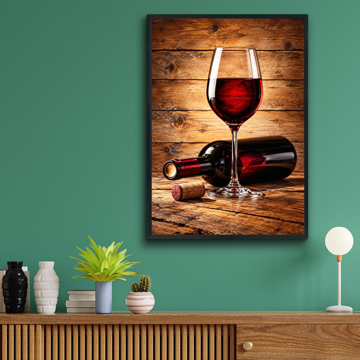 Rustic Red Wine Glass Bottle Cork Poster, Warm Wood Background, Kitchen Bar Wall Art