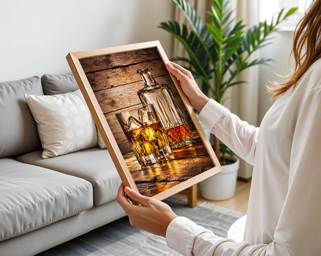 Rustic Whiskey Decanter Print, Bourbon Bar Cart Art, Man Cave Decor (Ready to Frame)