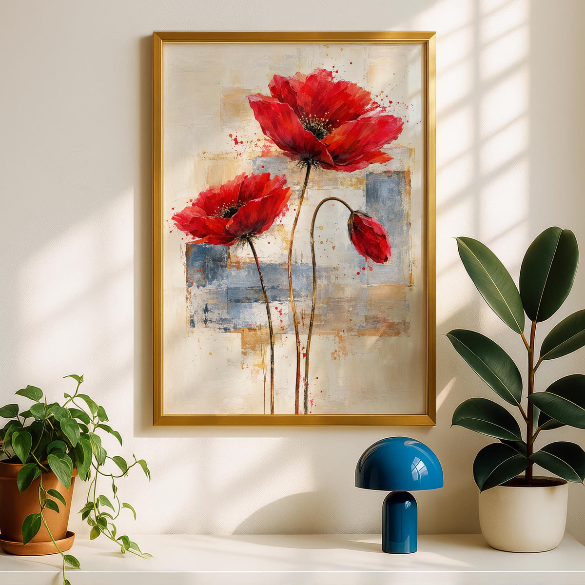 Abstract Red Poppies Wall Art Print, Bold Flower Poster, Cream Grey Gold Background