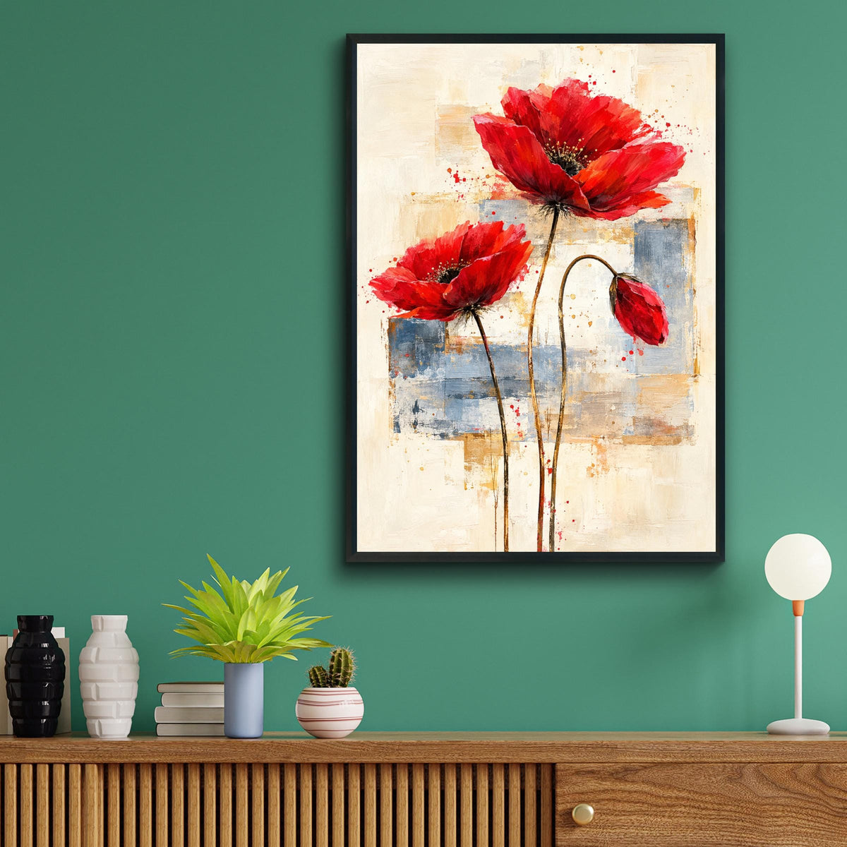 Abstract Red Poppies Wall Art Print, Bold Flower Poster, Cream Grey Gold Background
