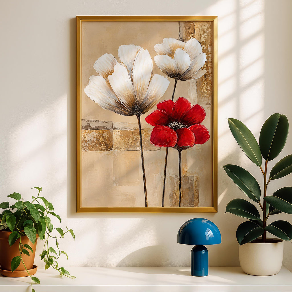 Ivory Red Poppy Floral Abstract Art Print, Beige Gold Botanical Poster (Ready to Frame)