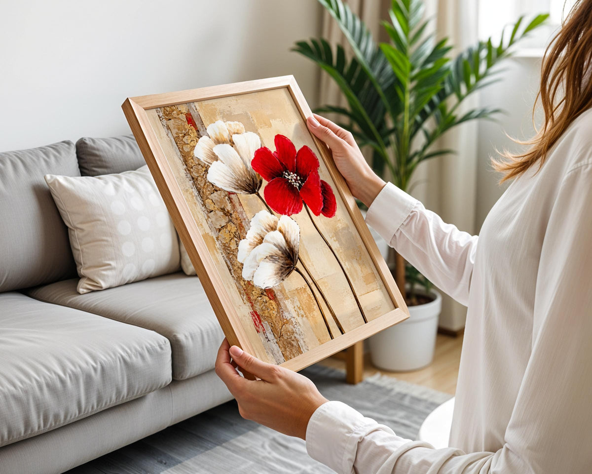 Red Ivory Poppy Floral Art Print, Abstract Botanical Wall Decor (240gsm Paper)
