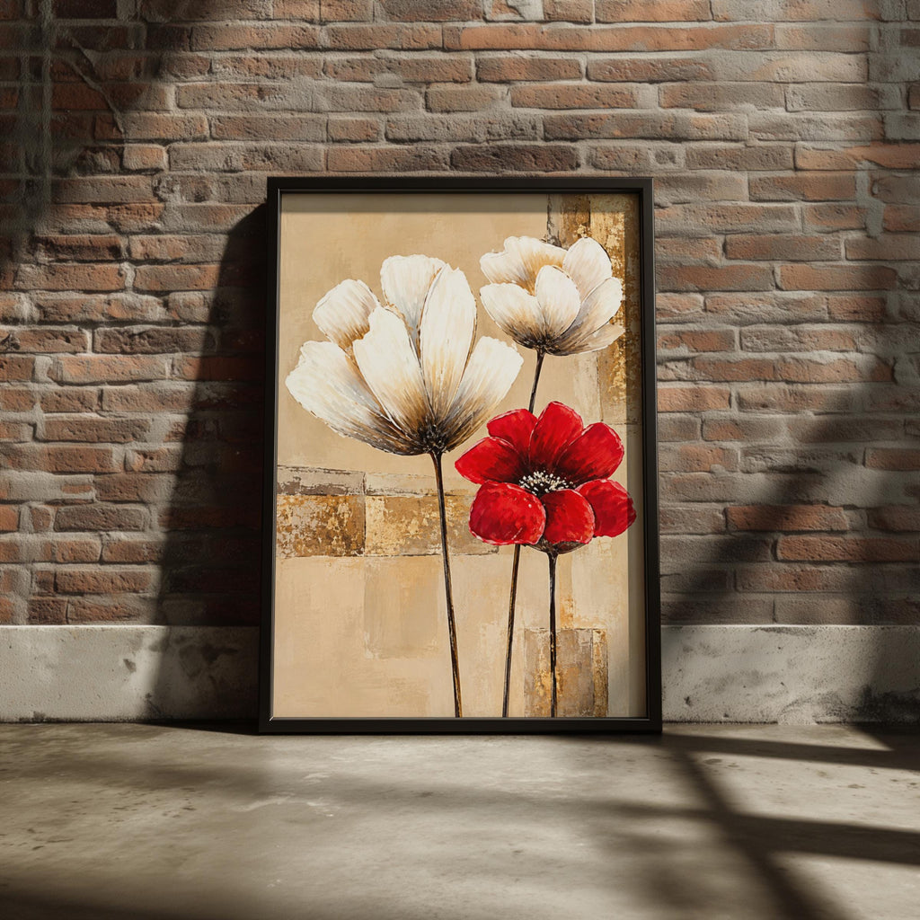 Ivory Red Poppy Floral Abstract Art Print, Beige Gold Botanical Poster (Ready to Frame)