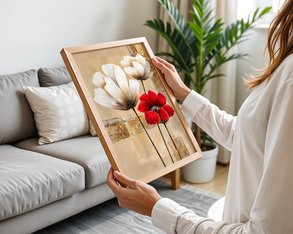 Ivory Red Poppy Floral Abstract Art Print, Beige Gold Botanical Poster (Ready to Frame)