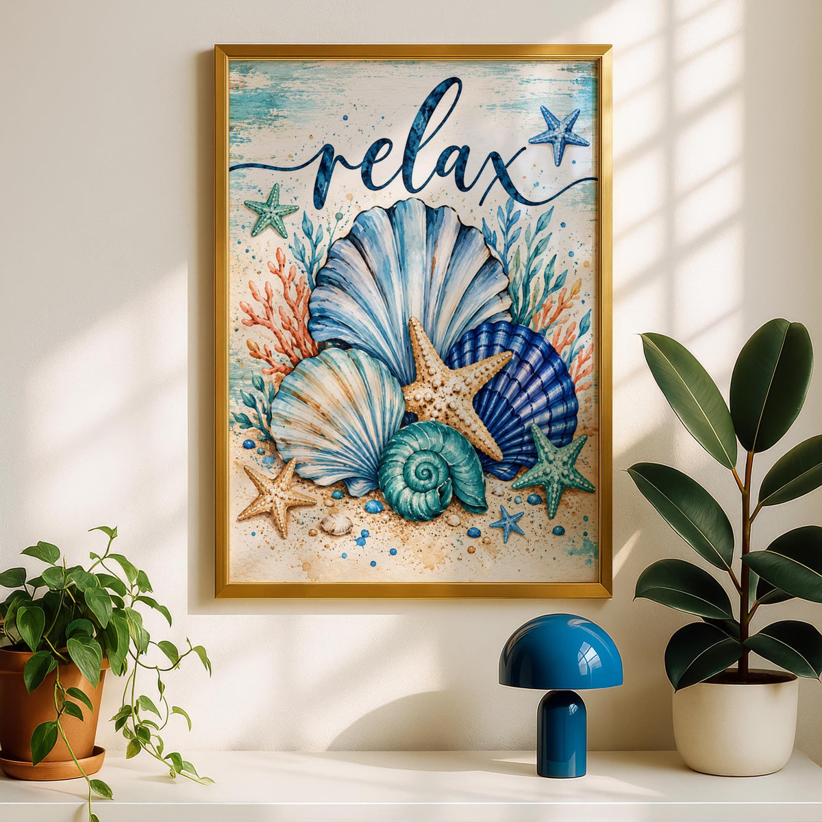 Coastal Seashell Wall Art Print, Watercolour Starfish, Teal Blue Ocean Decor (Printed to Order)