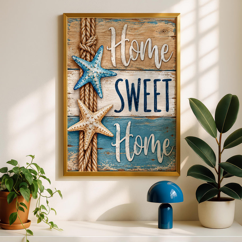 Coastal Home Sweet Home Print, Nautical Starfish Rope, Rustic Beach House Decor