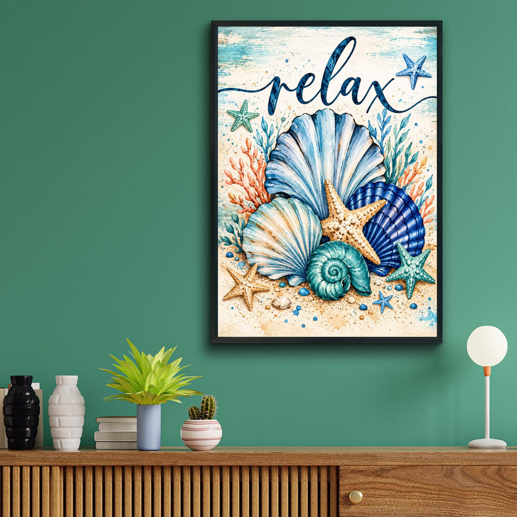 Coastal Seashell Wall Art Print, Watercolour Starfish, Teal Blue Ocean Decor (Printed to Order)