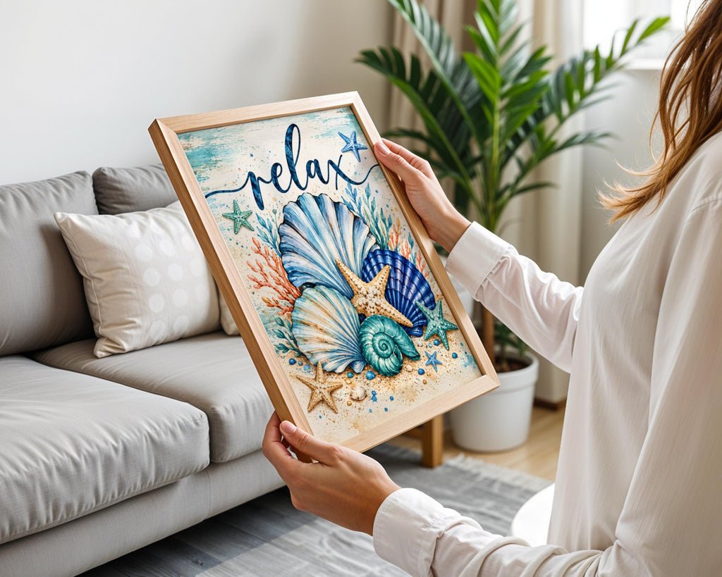 Coastal Seashell Wall Art Print, Watercolour Starfish, Teal Blue Ocean Decor (Printed to Order)