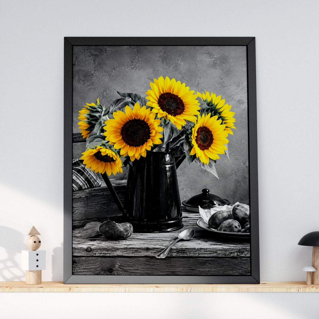 Selective Color Sunflower Pitcher Print, Yellow Floral Still Life Wall Art (240gsm Matte)