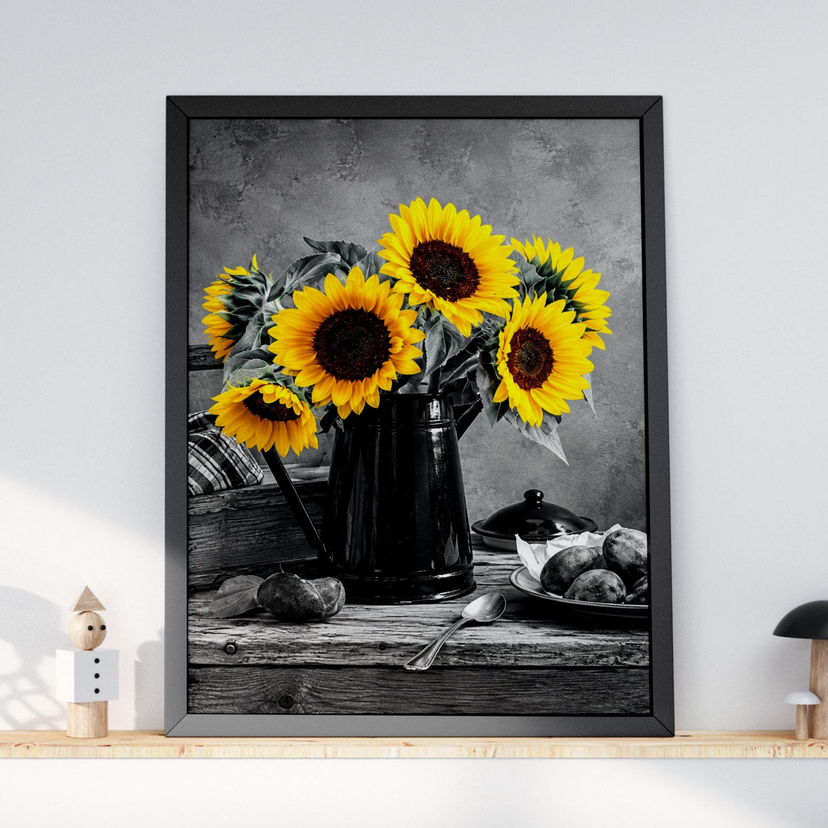Selective Color Sunflower Pitcher Print, Yellow Floral Still Life Wall Art (240gsm Matte)
