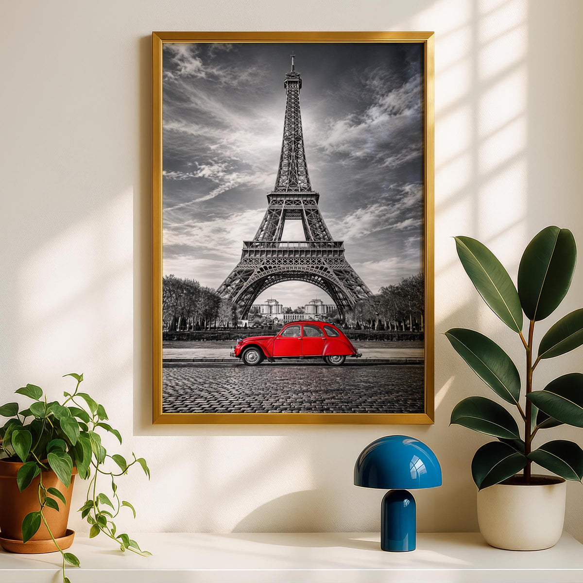 Eiffel Tower Red Citroen 2CV Poster, Black White Paris Wall Art Print (Digital Download)