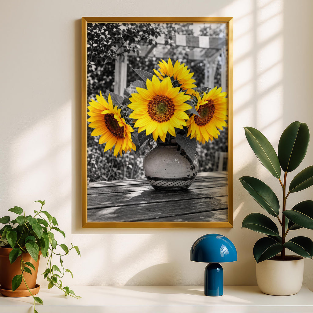 Selective Colour Sunflowers in Vase, Yellow Floral Wall Art, Black and White Garden Poster