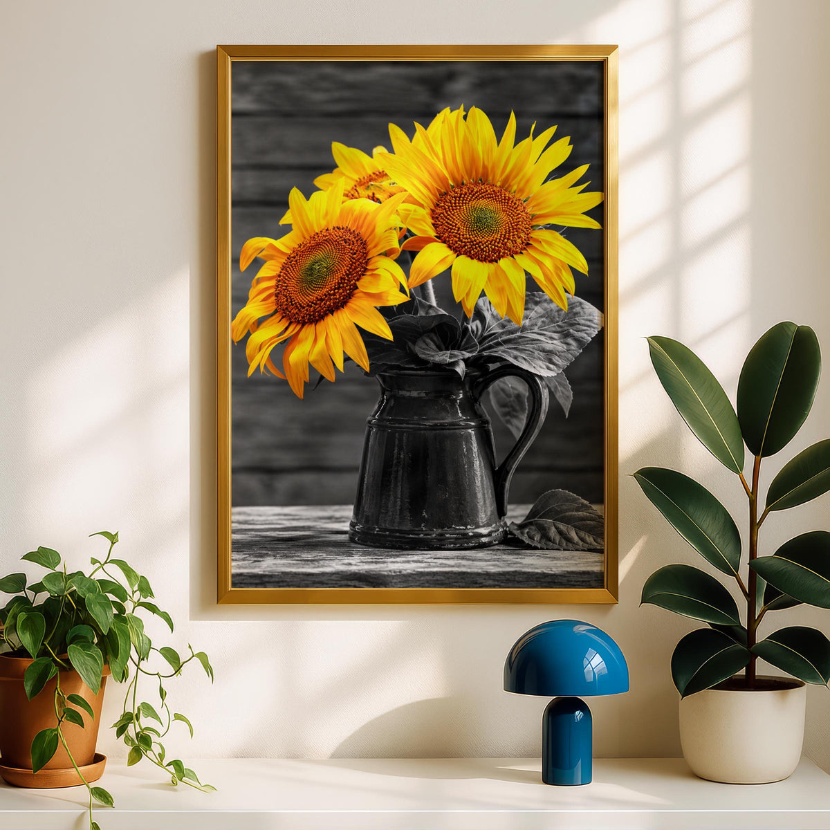 Selective Colour Sunflowers in Black Pitcher Print, Rustic Farmhouse Wall Art