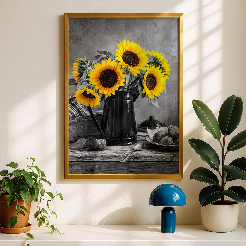 Selective Color Sunflower Pitcher Print, Yellow Floral Still Life Wall Art (240gsm Matte)