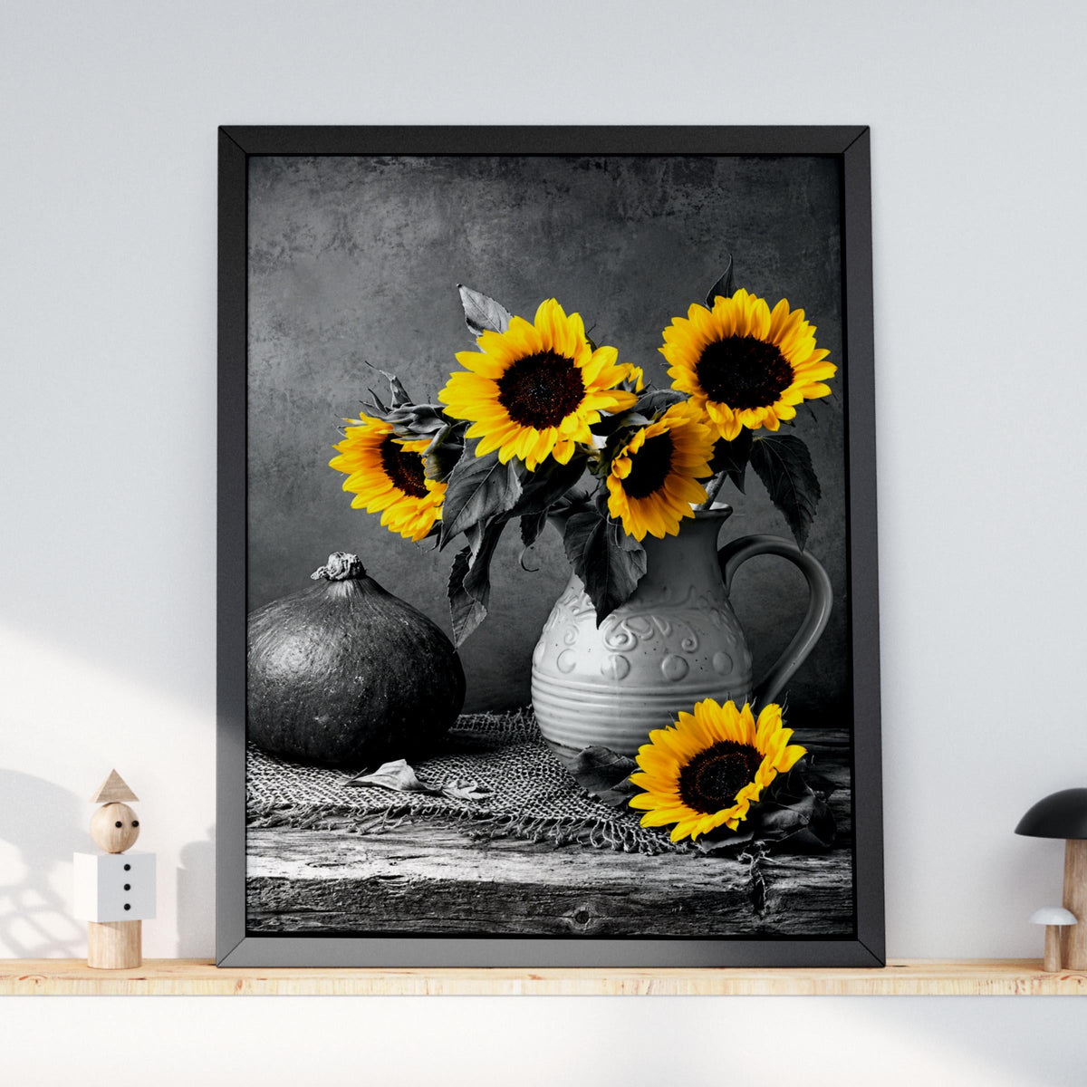 Yellow Sunflowers Black White Still Life Poster, Rustic Kitchen Wall Art Print