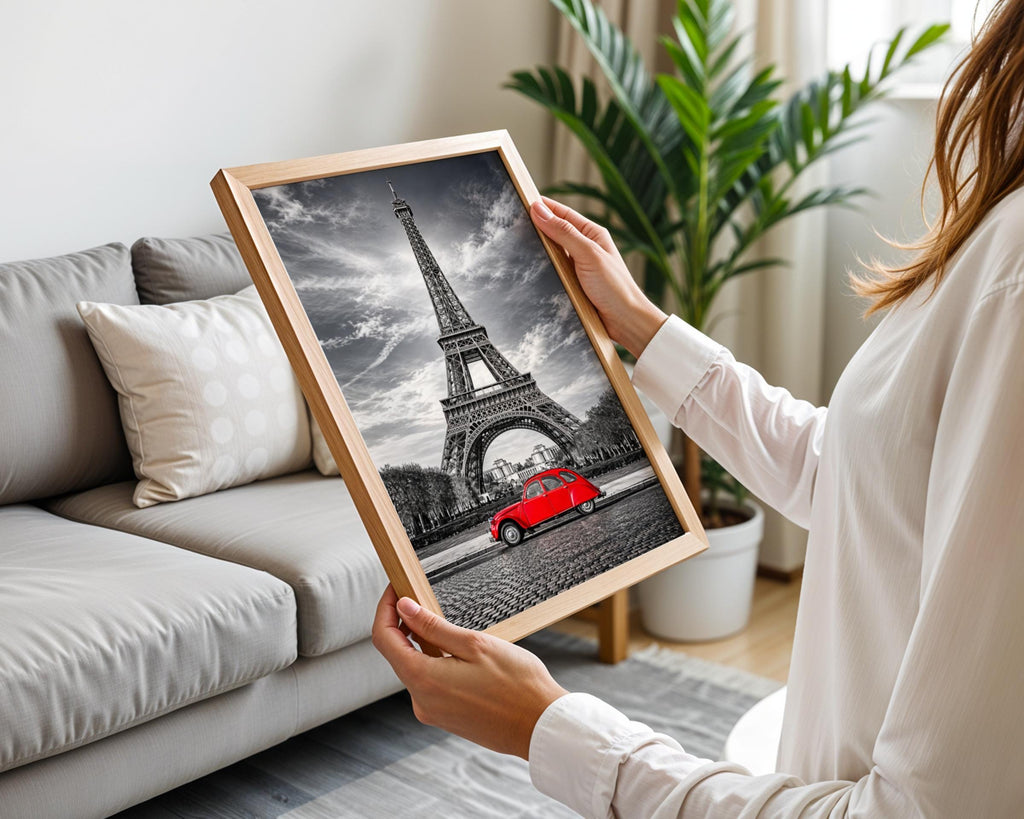 Eiffel Tower Red Citroen 2CV Poster, Black White Paris Wall Art Print (Digital Download)