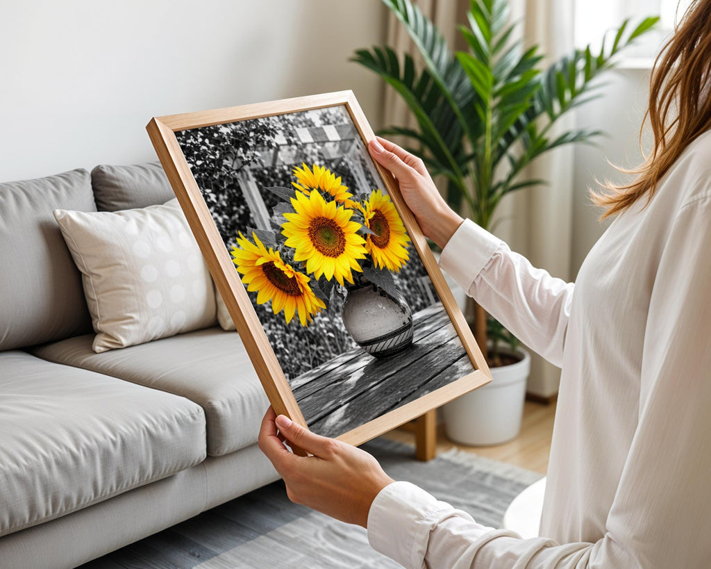 Selective Colour Sunflowers in Vase, Yellow Floral Wall Art, Black and White Garden Poster