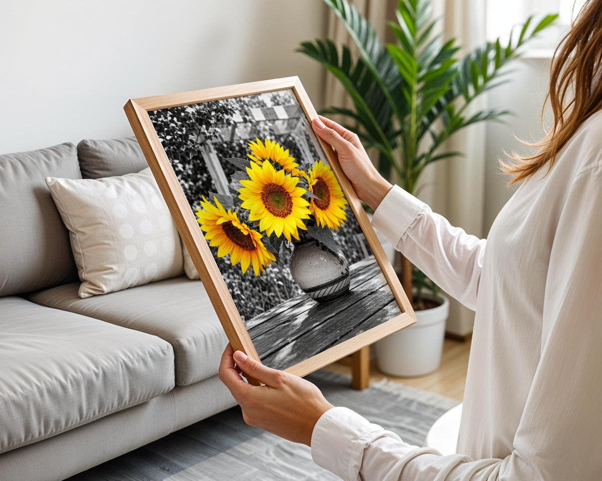 Selective Colour Sunflowers in Vase, Yellow Floral Wall Art, Black and White Garden Poster