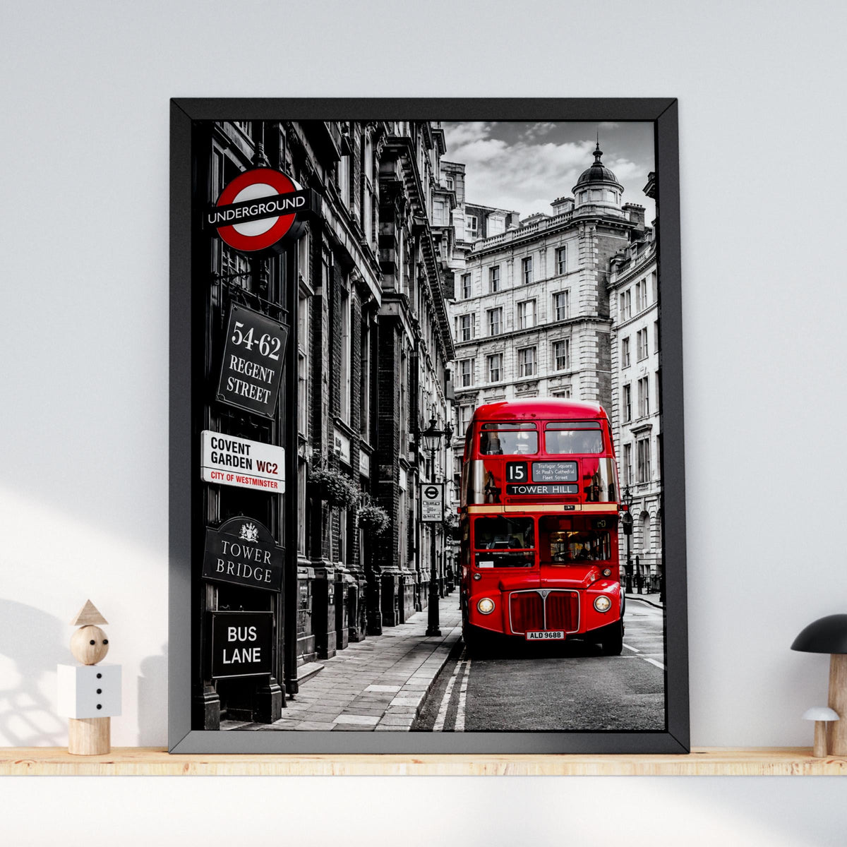 London Red Bus Black White Poster, Regent Street, Underground Sign (Print)