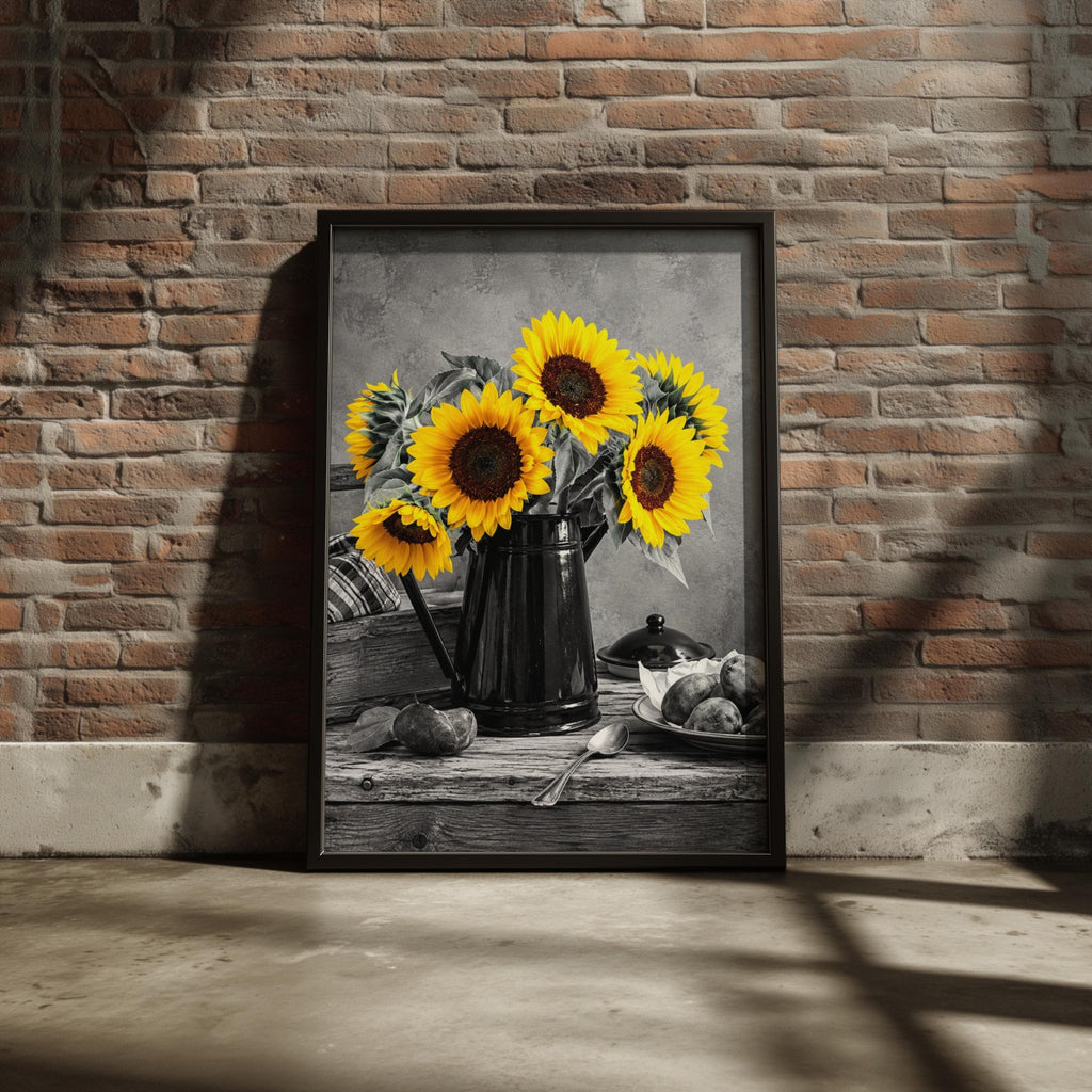Selective Color Sunflower Pitcher Print, Yellow Floral Still Life Wall Art (240gsm Matte)