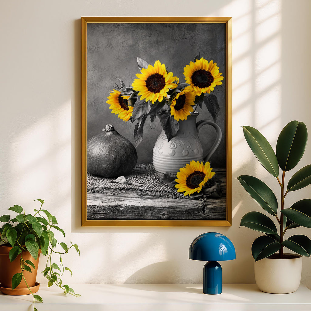 Yellow Sunflowers Black White Still Life Poster, Rustic Kitchen Wall Art Print