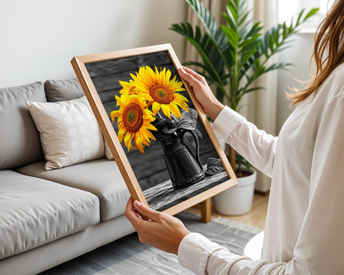 Selective Colour Sunflowers in Black Pitcher Print, Rustic Farmhouse Wall Art