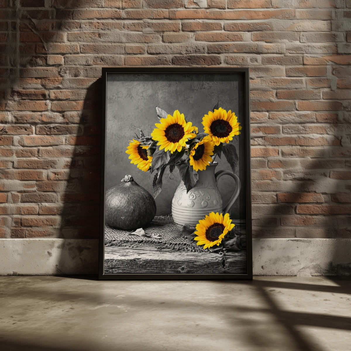 Yellow Sunflowers Black White Still Life Poster, Rustic Kitchen Wall Art Print
