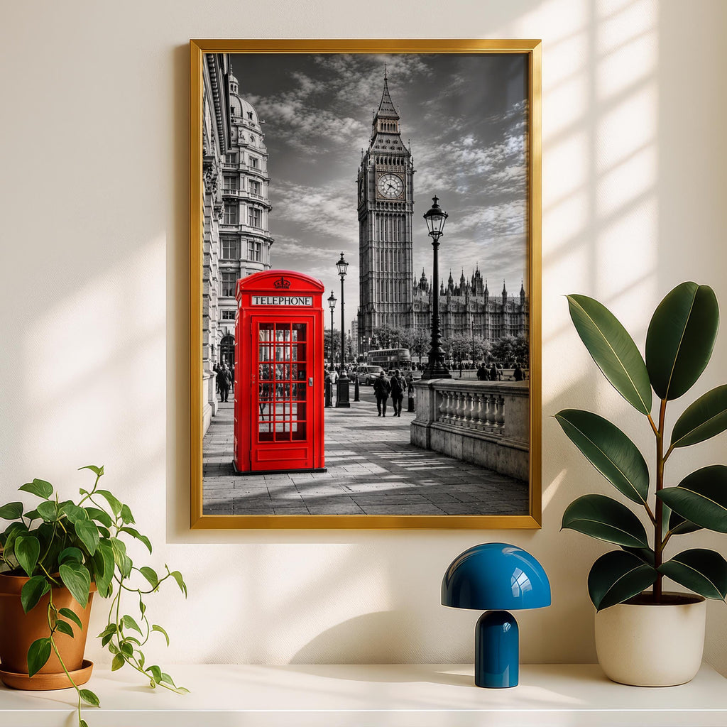 London Red Telephone Box Big Ben Black White Wall Art Print Poster, UK Travel Gift