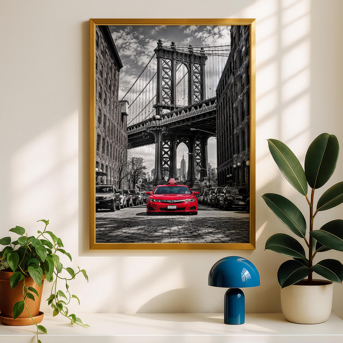 Red Taxi Manhattan Bridge Brooklyn Wall Art, Urban Street Photography Print