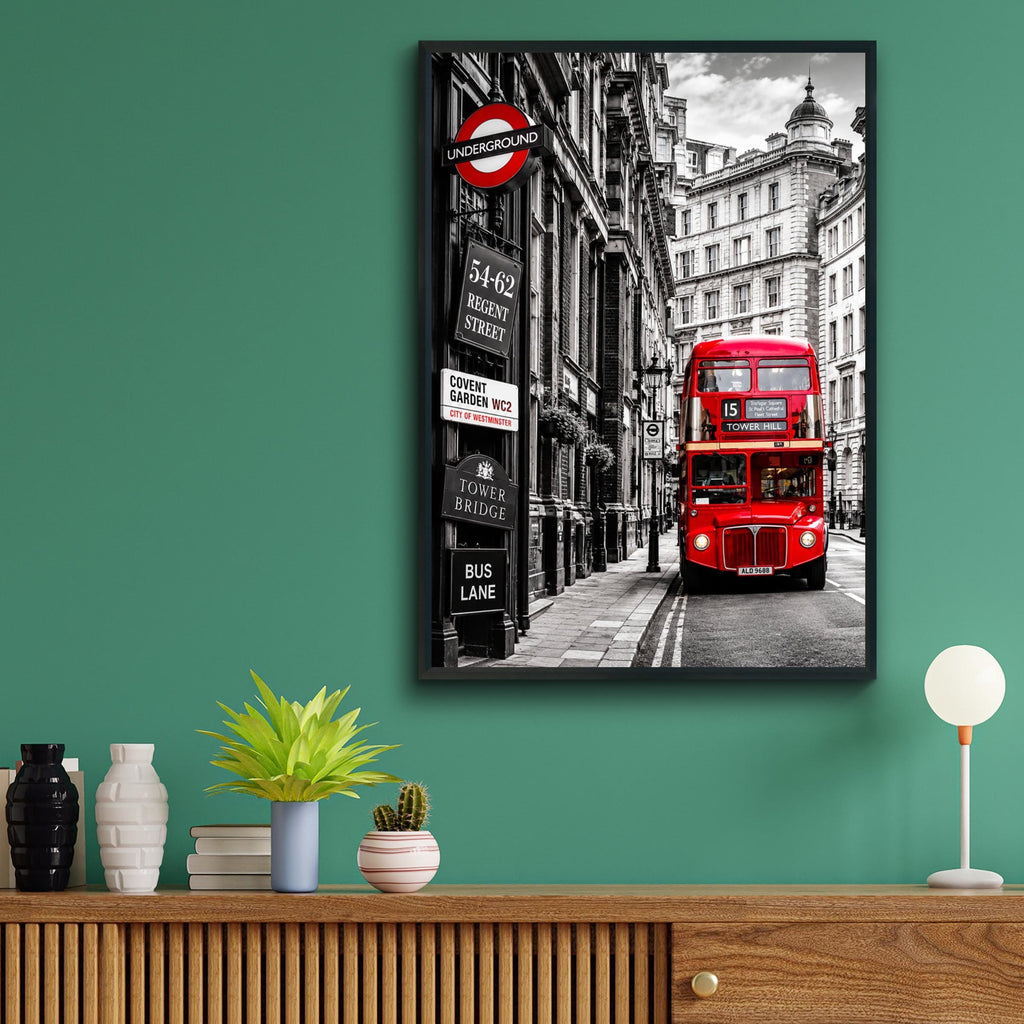 London Red Bus Black White Poster, Regent Street, Underground Sign (Print)