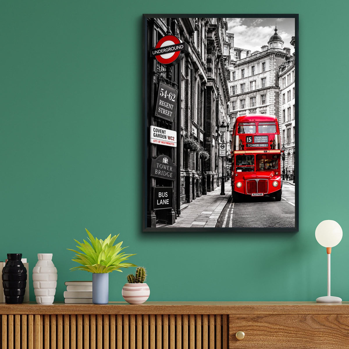 London Red Bus Black White Poster, Regent Street, Underground Sign (Print)