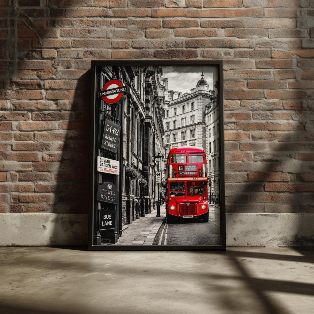 London Red Bus Black White Poster, Regent Street, Underground Sign (Print)