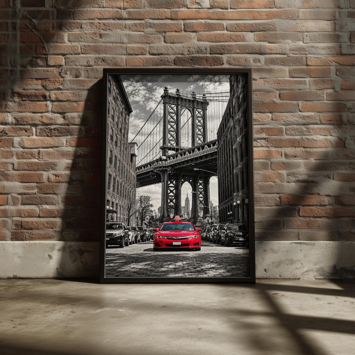 Red Taxi Manhattan Bridge Brooklyn Wall Art, Urban Street Photography Print