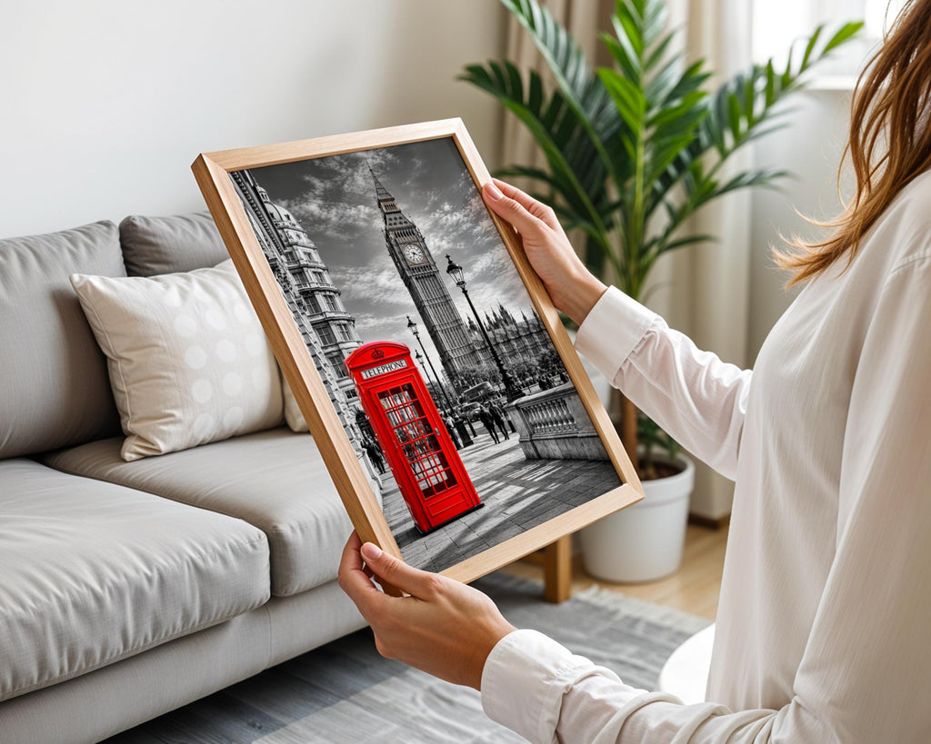 London Red Telephone Box Big Ben Black White Wall Art Print Poster, UK Travel Gift