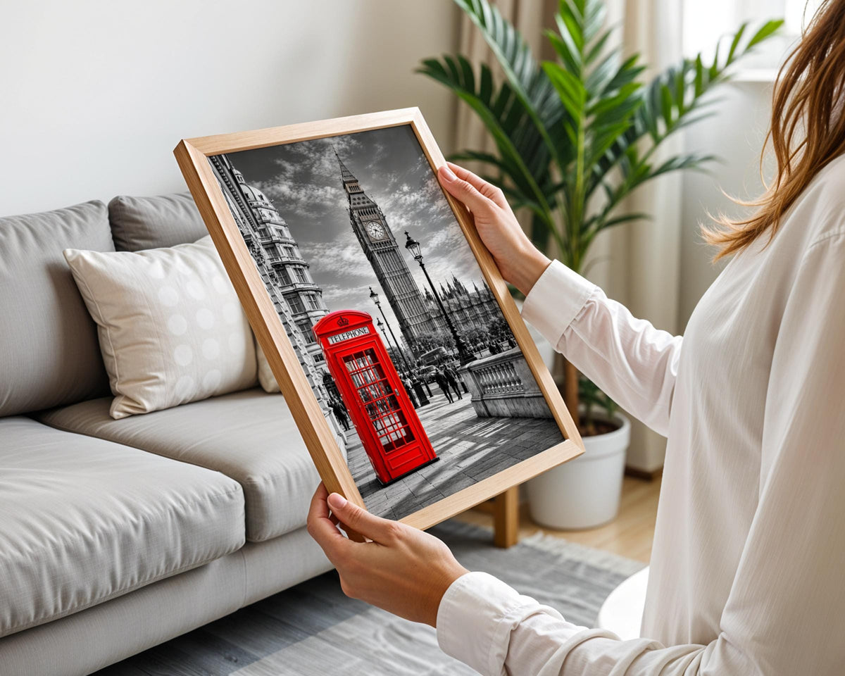 London Red Telephone Box Big Ben Black White Wall Art Print Poster, UK Travel Gift