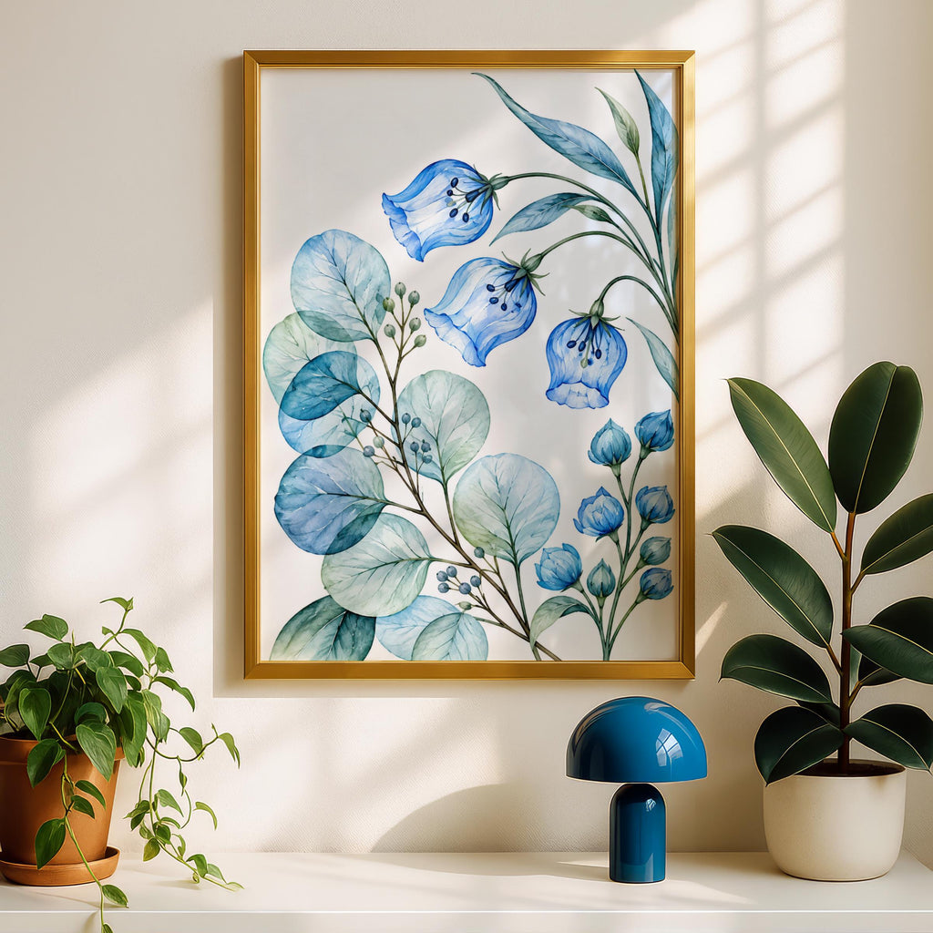 Blue Bellflower Watercolour Botanical Print, Eucalyptus Leaf Wall Art (Digital Download)