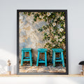 Turquoise Stools Floral Wall Art Print, Rustic Mediterranean Poster, Shabby Chic Botanical Poster (240gsm Matte Paper)