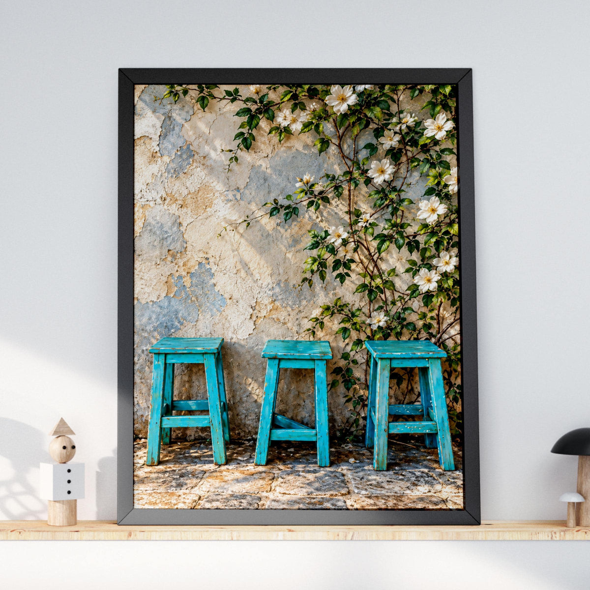 Turquoise Stools Floral Wall Art Print, Rustic Mediterranean Poster, Shabby Chic Botanical Poster (240gsm Matte Paper)