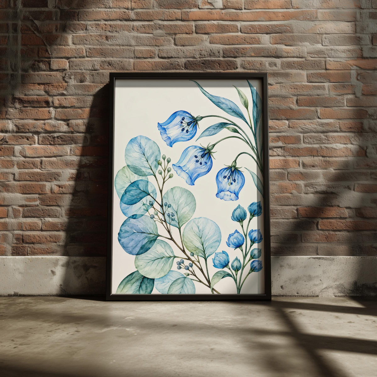 Blue Bellflower Watercolour Botanical Print, Eucalyptus Leaf Wall Art (Digital Download)