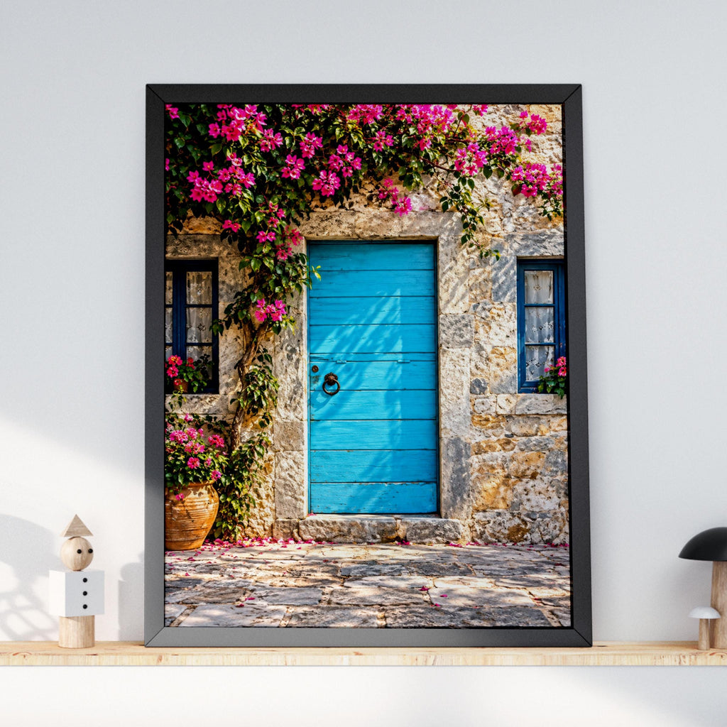 Turquoise Door Bougainvillea Print, Mediterranean Village Wall Art (Poster)