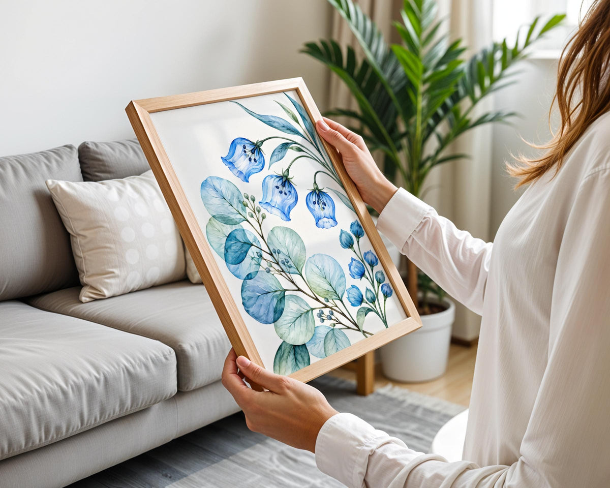 Blue Bellflower Watercolour Botanical Print, Eucalyptus Leaf Wall Art (Digital Download)