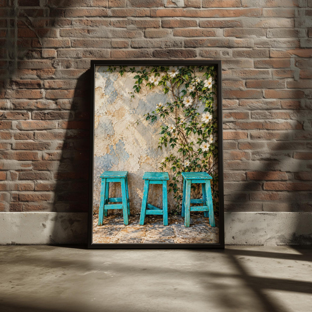 Turquoise Stools Floral Wall Art Print, Rustic Mediterranean Poster, Shabby Chic Botanical Poster (240gsm Matte Paper)
