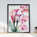 Pink Calla Lily Watercolour Print, Ginkgo Leaf Botanical Art (Ready to Display)