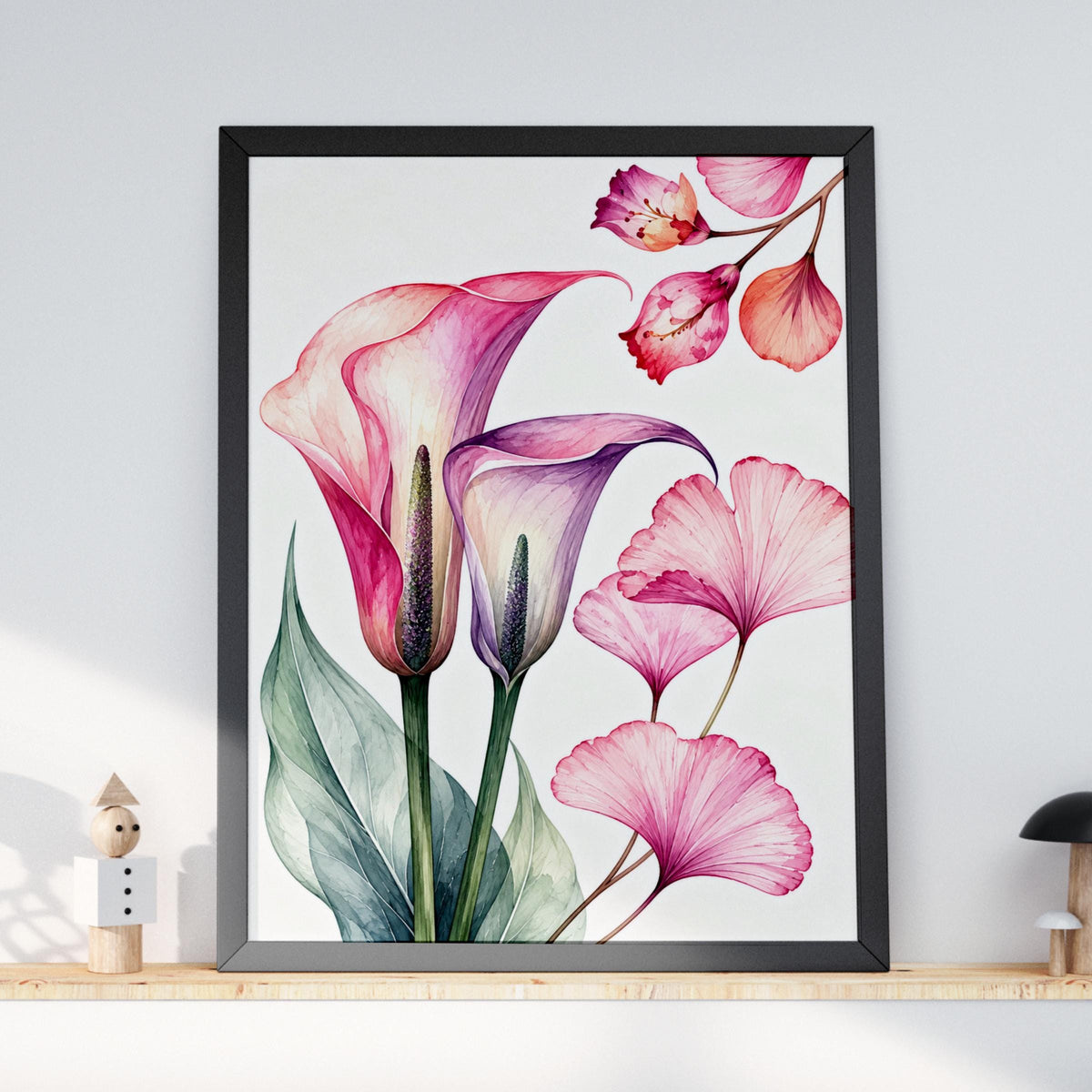 Pink Calla Lily Watercolour Print, Ginkgo Leaf Botanical Art (Ready to Display)
